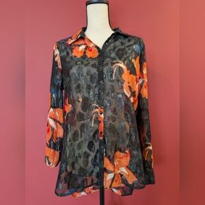 Guess Black and Orange Floral Button Down Shirt